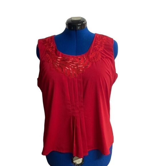 COLDWATER CREEK Women’s Red Top Size Large Embroidered Beaded Ruched Sleeveless - Picture 1 of 12